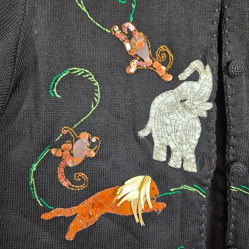 Vintage Michael Simon NY Novelty Cardigan Sweater Jungle Animal Monkey Y2K Large